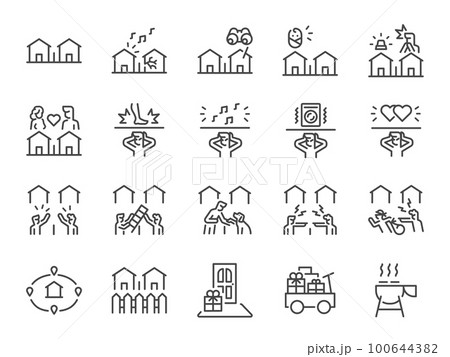 neighbor icon set. It included icons such as neighborhood watch, Block party, emergency, neighbor fighting, and more. 100644382
