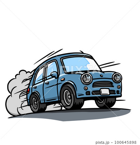 道路を猛スピードで爆走する自動車のイラスト（くすんだ青色）の