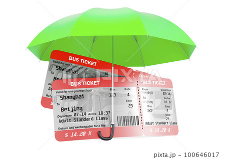 Bus tickets under umbrella. 3D rendering Bus tickets under umbrella. 3D rendering 100646017