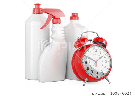 Detergent, cleaning products with alarm clock, 3D rendering Detergent, cleaning products with alarm clock, 3D rendering 100646024