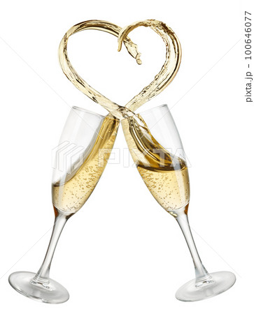 glasses of champagne with heart shape splash isolated on white 100646077