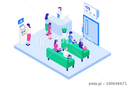待合室と人々のアイソメトリックイラスト(クリニック・病院) 100646671