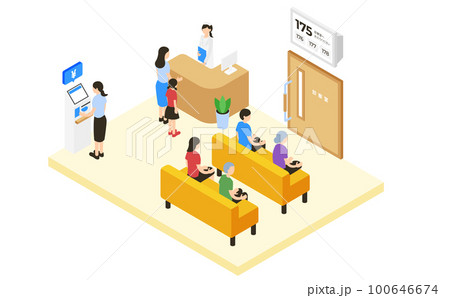 待合室と人々のアイソメトリックイラスト(クリニック・病院) 待合室と人々のアイソメトリックイラスト(クリニック・病院) 100646674