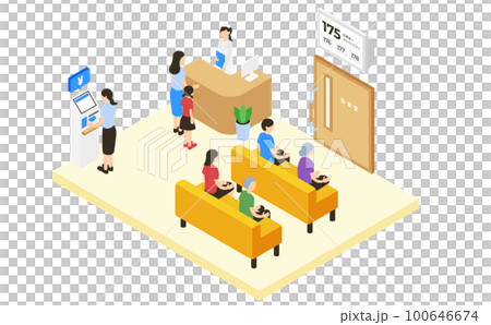 待合室と人々のアイソメトリックイラスト(クリニック・病院) 待合室と人々のアイソメトリックイラスト(クリニック・病院) 100646674