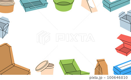 Takeaway cardboard boxes in horizontal banner. Paper take away containers line background. Food and drink packaging. Cardboard takeaway boxes banner. Takeaway cardboard boxes in horizontal banner. Paper take away containers line background. Food and drink packaging. Cardboard takeaway boxes banner. 100646810