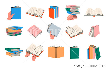 Stacks of books. Pile of textbooks for education. Closed and open books, literature, dictionaries, encyclopedias, planners. Vector illustration 100646812