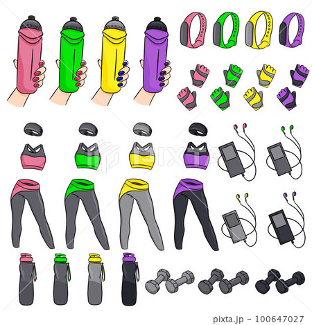 Vector set of fitness accessories in cartoon style. Vector set of fitness accessories in cartoon style. 100647027