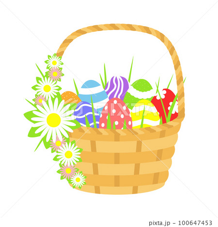 Large basket with Easter eggs and flowers. Clip art for the holiday of Easter. 100647453