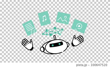 人工知能による創作のイメージ、創作物とAIのイラスト、ベクター 100647520