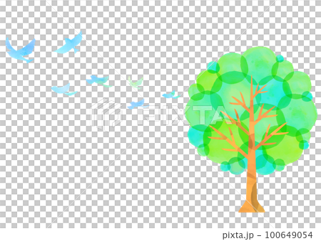 Watercolor touch trees and small birds Blue bird fresh green 100649054