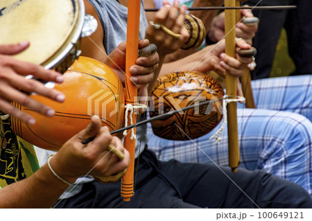 Several afro Brazilian percussion musical instruments 100649121