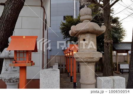 夕暮れが近づく草加神社の石灯篭と朱色の献灯篭が美しく並ぶ景色 夕暮れが近づく草加神社の石灯篭と朱色の献灯篭が美しく並ぶ景色 100650054
