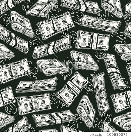 Money seamless pattern with wads of one hundred US dollar bills on a black background. Outline dollar sign behind, falling dollar stacks. Detailed monochrome vector illustration. 100650075