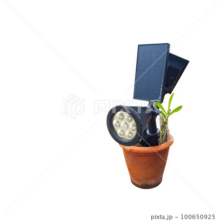 Isolated with clipping paths of small black photo voltaic panel connected with mini led light installed in small brown baked clay pot 100650925