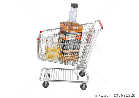 Whiskey bottle and full glass of whiskey inside shopping cart, 3D rendering Whiskey bottle and full glass of whiskey inside shopping cart, 3D rendering 100651529