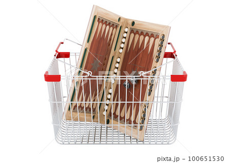 Backgammon, board game inside shopping basket, 3D rendering Backgammon, board game inside shopping basket, 3D rendering 100651530