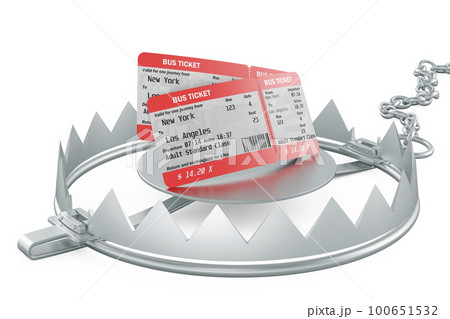 Bus tickets inside bear trap. 3D rendering 100651532