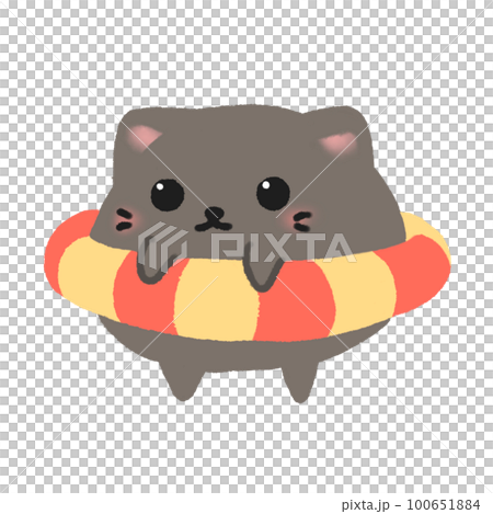 Hand-drawn Cute Dark Brown Cat with red, yellow rubber ring in doodle style 100651884