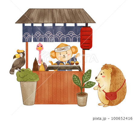 Japanese takoyaki shop with wildlife animals . Realistic watercolor paint with paper textured . Cartoon character design . Vector . 100652416