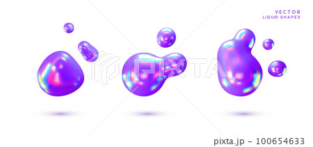 Set of liquid 3d holographic abstract shapes. Violet fluid bubbles iridescent effect. 3d vector illustration. Set of liquid 3d holographic abstract shapes. Violet fluid bubbles iridescent effect. 3d vector illustration. 100654633