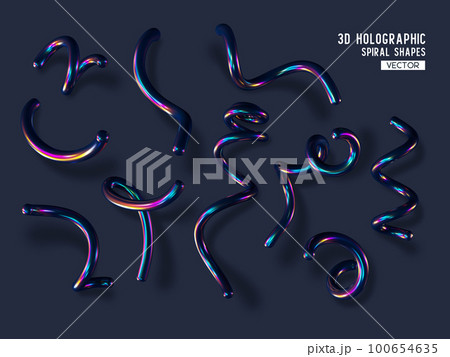 Set of 3d holographic abstract spiral shapes. Glossy geometric primitives with shadow on dark background. Iridescent trendy design, thin film effect. Vector. Set of 3d holographic abstract spiral shapes. Glossy geometric primitives with shadow on dark background. Iridescent trendy design, thin film effect. Vector. 100654635