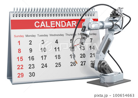 Robot welding with desk calendar, 3D rendering Robot welding with desk calendar, 3D rendering 100654663