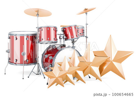 Drum kit with five golden stars. Customer rating, 3D rendering 100654665