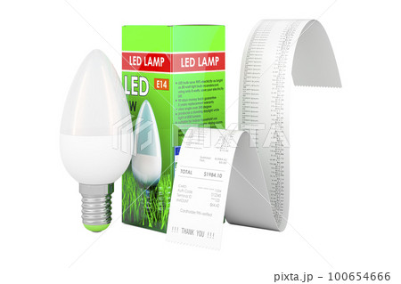 Energy savings LED lamp with receipt, print check. 3D rendering Energy savings LED lamp with receipt, print check. 3D rendering 100654666