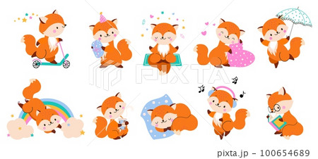 Cute red cartoon fox mascot. Autumn foxes, forest wildlife animals. Isolated foxy sleep, jump with umbrella, drink coffee. Funny nowaday vector graphic 100654689