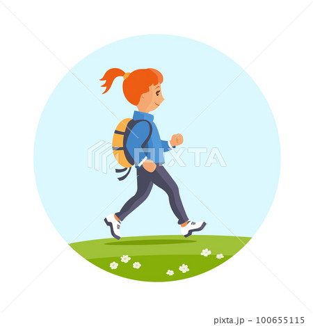 Little happy girl walks with a backpack 100655115