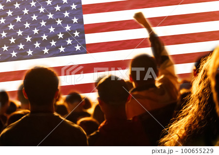 Protests in USA. USA flag background. American flag for Memorial Day or 4th of July. Banner for design, mock up. People riot. Donald Trump 100655229