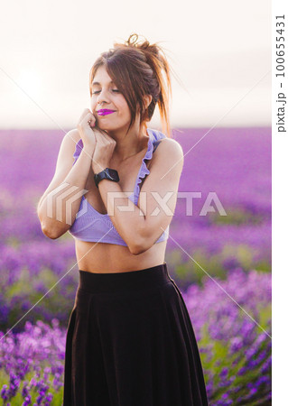 beauty cosmetic women health aromatherapy and perfume in countryside lavender. mid hispanic woman beauty cosmetic women health aromatherapy and perfume in countryside lavender. mid hispanic woman 100655431
