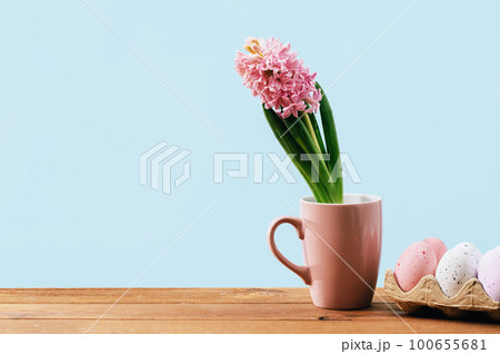 Easter eggs and hyacinth flower in mug. Wooden table with copy space Easter eggs and hyacinth flower in mug. Wooden table with copy space 100655681
