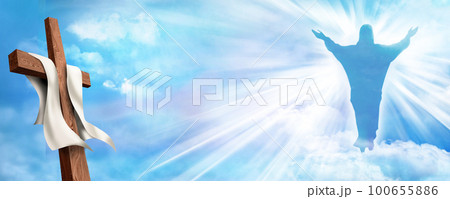 Resurrection web banner. Christian cross with risen Jesus Christ and clouds sky background. Life after death 100655886