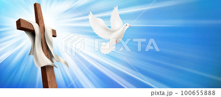 Web banner. Resurrection. Christian cross illustration with dove. Concept life after death	 100655888