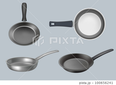 Frying pan. Realistic kitchen utensil for preparing fry products for dinner or breakfast decent vector templates 100656241