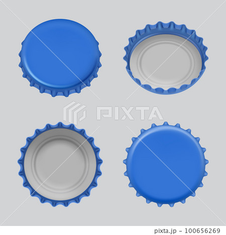 Beer caps. Realistic templates of different views of soda or alcoholic drinks bottle caps decent vector collection 100656269