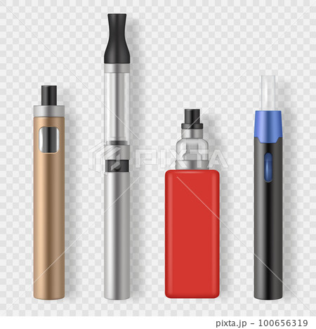 Vape set. Tools for smoking clouds of steam circles puffs decent vector realistic templates Vape set. Tools for smoking clouds of steam circles puffs decent vector realistic templates 100656319