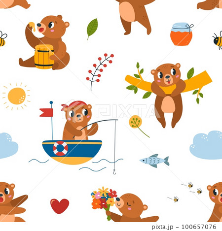 Bear brown seamless pattern. Cartoon bears fishing and dreaming, clouds and sun. Cute nursery textile print, fabric woodland classy vector design 100657076