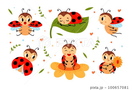 Cartoon funny ladybug. Red black dots beetle with wings. Cute insects characters on flower and leaf, ladybugs flying and sleeping, classy childish vector stickers 100657081