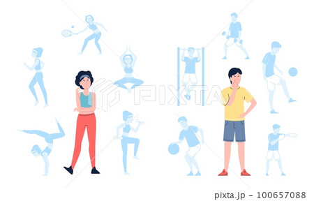 Choosing sport. Adults choose future training and workout. Woman and man thinking of physicals activities. Deciding and alternative recent vector scenes 100657088