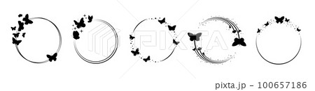 Butterfly frames. Black butterflies stars silhouettes, lined circle decor. Beautiful seasonal graphic elements, flying garden insect. Vector abstract art design Butterfly frames. Black butterflies stars silhouettes, lined circle decor. Beautiful seasonal graphic elements, flying garden insect. Vector abstract art design 100657186