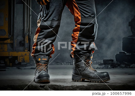 Worker wearing protective shoes at construction site. Working safety boots for protection accident in factory. Created with Generative AI 100657996