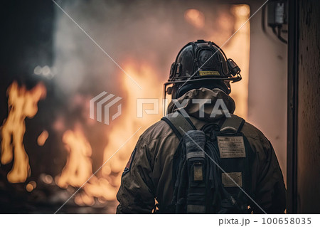 Firefighter in protective uniform standing in front of burning building. Rescue operation. Created with Generative AI 100658035