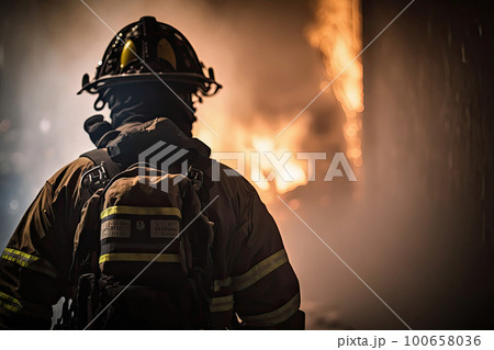 Firefighter in protective uniform standing in front of burning building. Rescue operation. Created with Generative AI 100658036