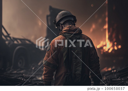 Firefighter in protective uniform standing in front of burning building. Rescue operation. Created with Generative AI 100658037
