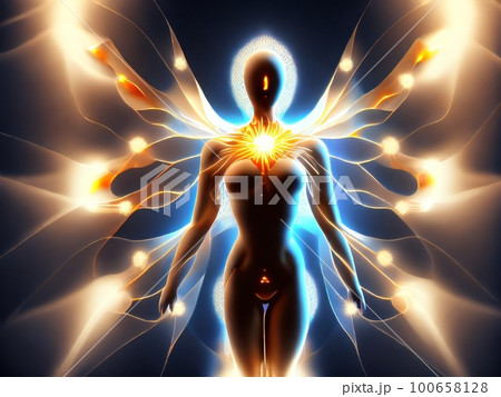 Light Within, human figure, radiating light and fractal elements on the subject of inner energy, astral dimension and spirituality. Inner Light. Lucid Mind. Created with generative AI tools. 100658128