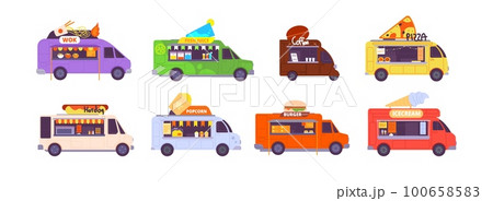 Catering trucks. Festival foodtruck, street cafe van food pushcart, burger pizza hotdog snack traditional restaurant on wheels coffee vehicle bar bus, splendid vector illustration 100658583