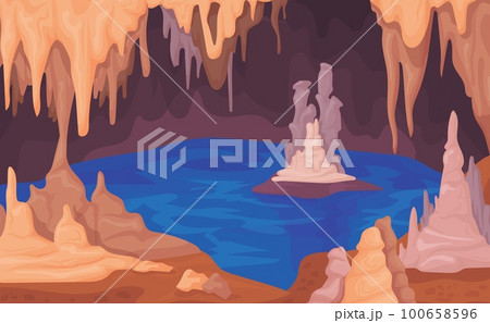 Stalagmite cave. Dark cavern inside cartoon background with stalagmites stalactites, natural limestone ceiling and floor underground stone scary caves game neat vector illustration Stalagmite cave. Dark cavern inside cartoon background with stalagmites stalactites, natural limestone ceiling and floor underground stone scary caves game neat vector illustration 100658596