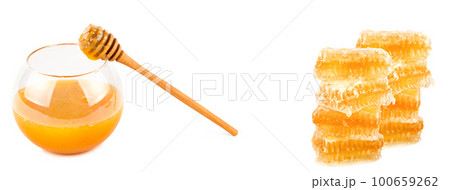 Sweet honeycomb, Honey pot and wooden dipper isolated on white . Collage. Free space for text. Wide photo. Sweet honeycomb, Honey pot and wooden dipper isolated on white . Collage. Free space for text. Wide photo. 100659262